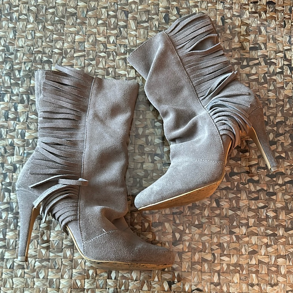 Suede fringe heeled booties